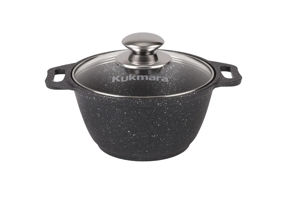 Кастрюля 1л с антипригарным покрытием (темный мрамор) со стеклянной крышкой
