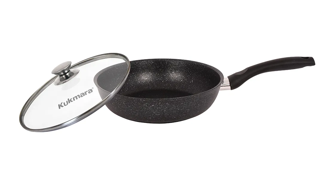Сковорода 24/6 см с антипригарным покрытием (темный мрамор) с ручкой и стеклянной крышкой